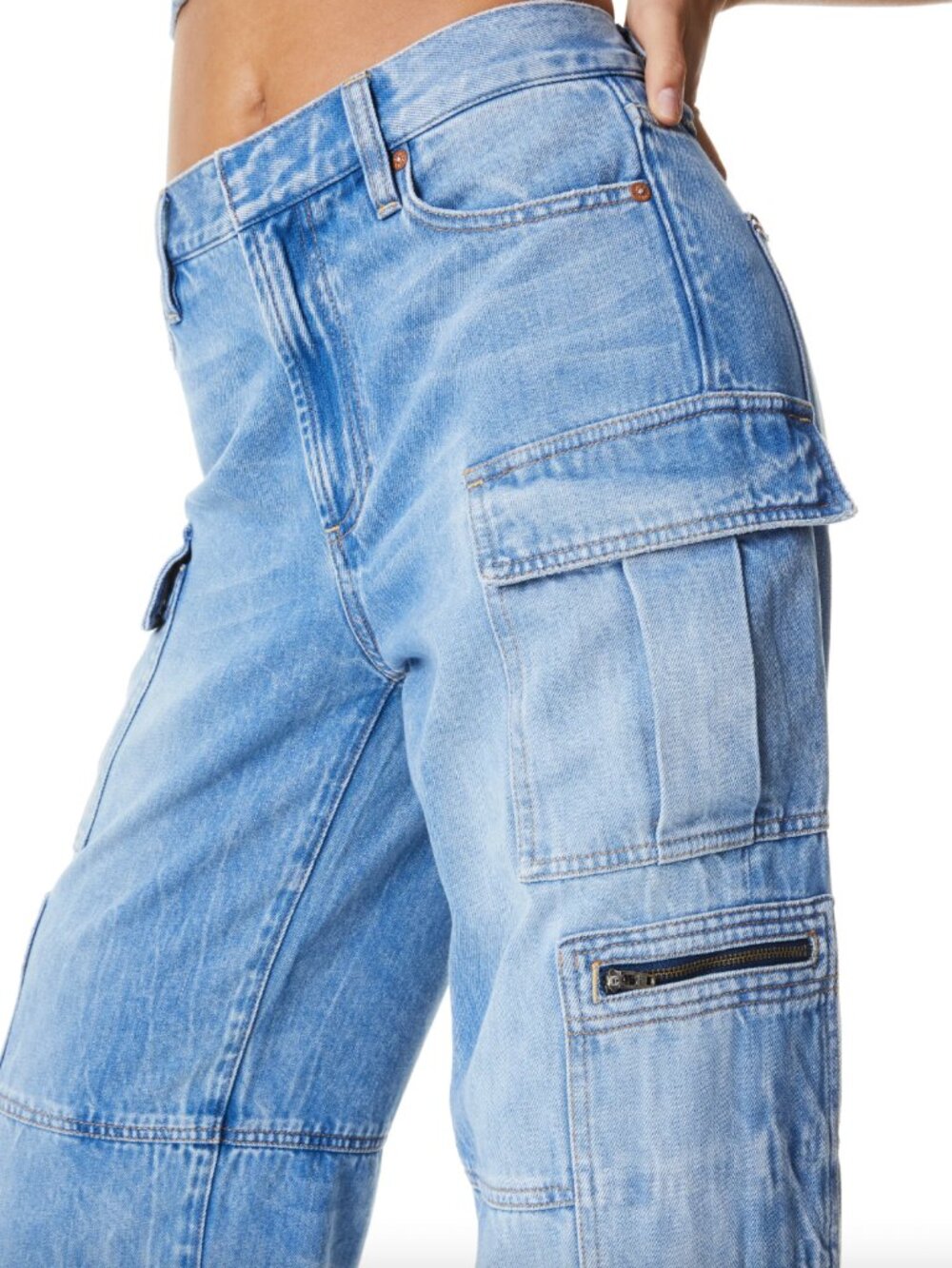 $395 Alice + Olivia Brea Blue Cay Cargo Denim High Rise Jeans size 25/28.5" - Picture 2 of 9